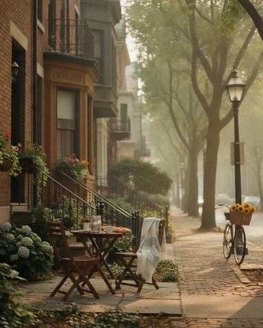 Tree-lined brick street with outdoor seating, flowers, and bicycle with sunflowers in basket