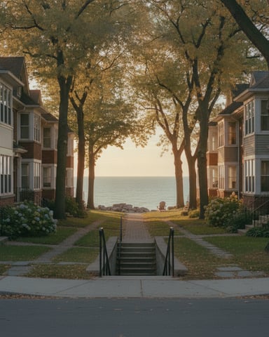 Tree-lined residential street with brick homes leading to lake view at sunset