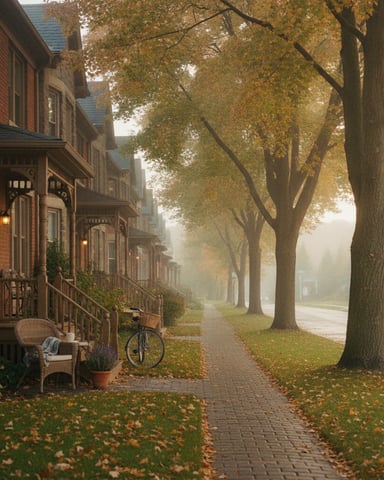 Tree-lined residential street with brick townhouses, autumn foliage, and bicycle on foggy morning