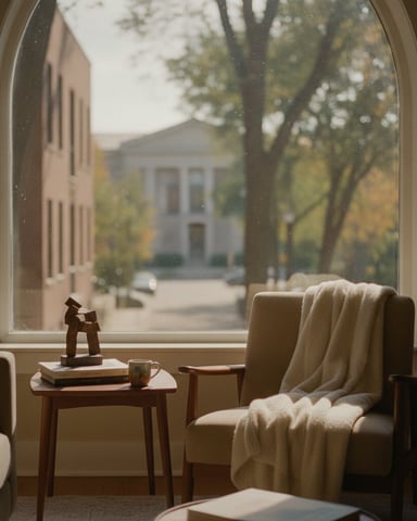 Armchair with cream blanket by arched window overlooking tree-lined courtyard with historic buildings