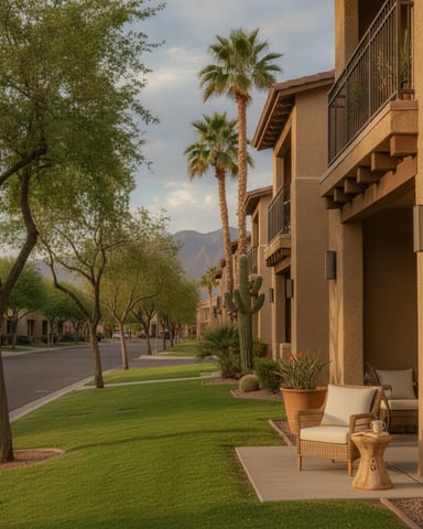 Tan stucco townhomes with front patios, palm trees, and mountain view in desert landscape