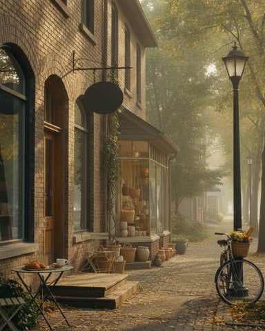 Brick storefront with ivy, outdoor café table, pottery display, bicycle with flowers, autumn trees lining cobblestone street