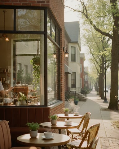 Outdoor café seating on tree-lined brick street with storefront window and potted plants