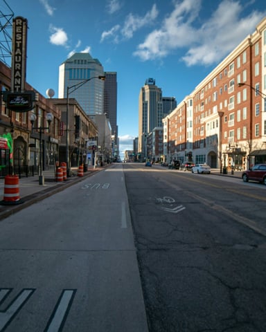 Downtown Columbus street with modern buildings and clear sky