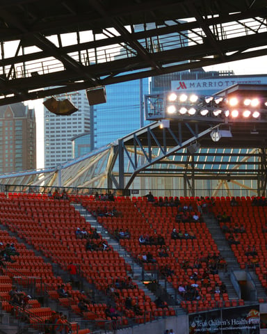 Downtown Houston skyline looming over BBVA soccer stadium