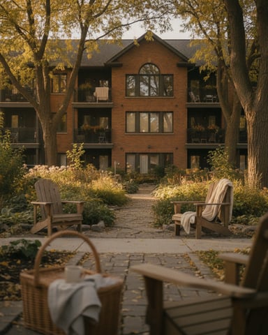 Brick townhouse with Adirondack chairs on patio, surrounded by tall trees with golden autumn foliage