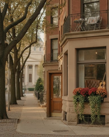 Tree-lined urban street with red brick townhouse, flower window box, and balcony seating