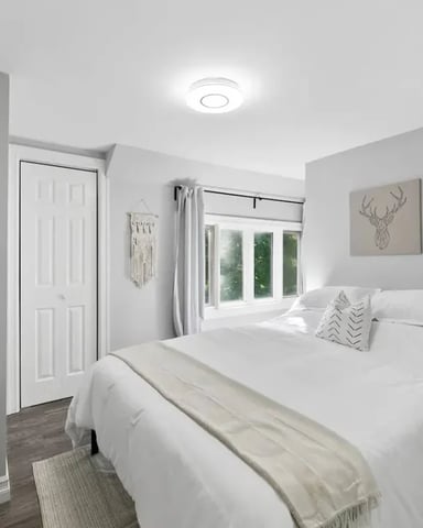Bright bedroom with white bed, nightstands, large windows, white door, and deer artwork on wall