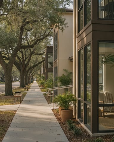 Tree-lined sidewalk with modern building facade, potted plants, and large windows overlooking interior seating area