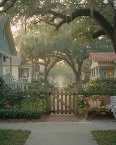 Tree-lined residential street with white cottage-style homes, wooden gate, flowering gardens, and Spanish moss hanging from oak trees.