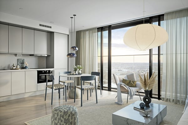 Modern kitchen and dining area with floor-to-ceiling windows, city skyline views, and contemporary furnishings